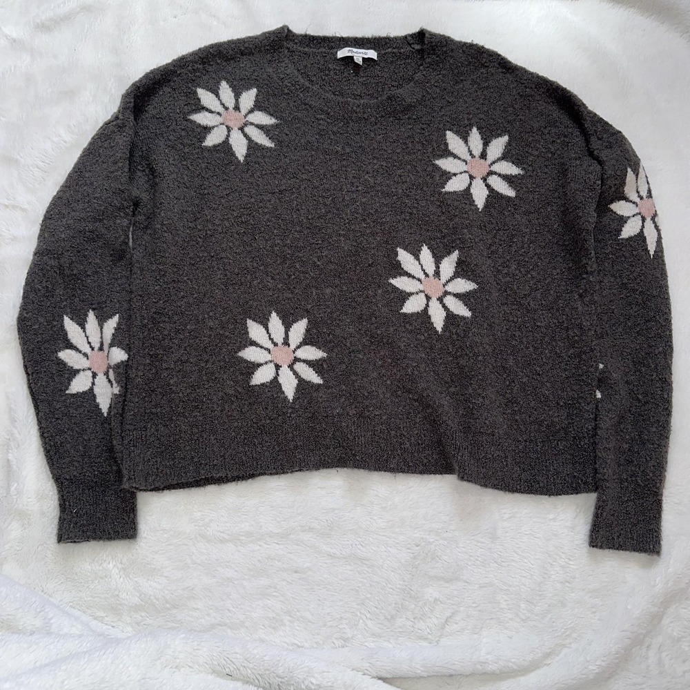 Madewell Merino Wool Sweater XL Gray Floral Daisy Print Pullover‎ Cozy Crewneck